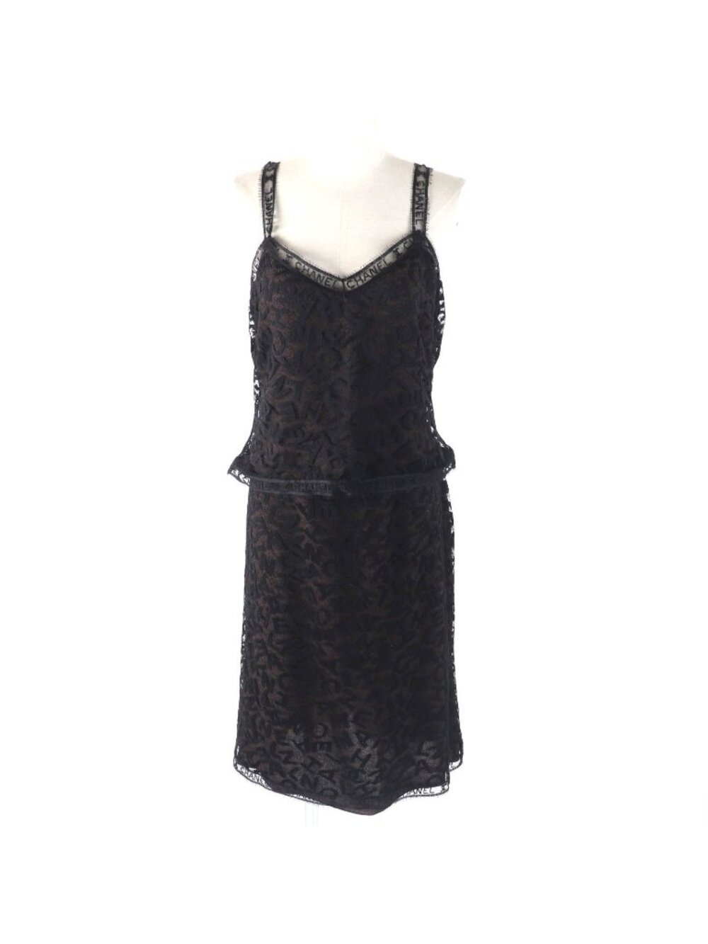 Chanel 98A All Logo Lace Camisole Skirt Set Black Dark Brown 42